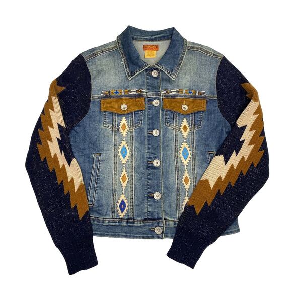 Scully Western Aztec Boho Embroidered Denim Sweater Jean Jacket Women’s Small - Picture 1 of 11